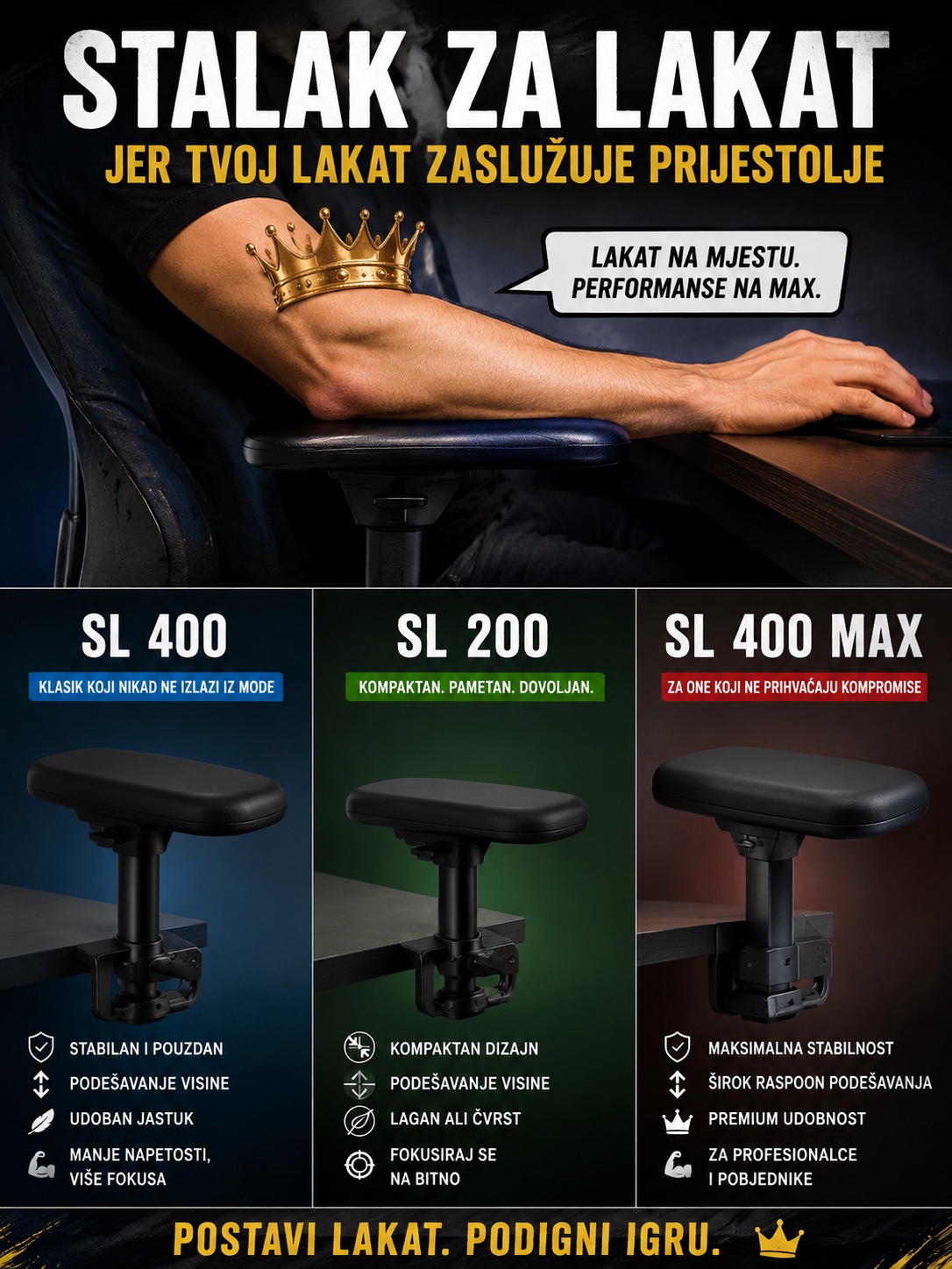 Stalak za lakat — SL 400, SL 200 i SL 400 MAX. Jer tvoj lakat zaslužuje prijestolje.